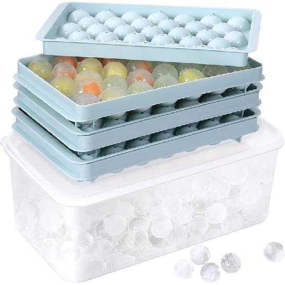 Round Ice Cube Trays 3 Pack Circle Ice Ball Maker Mold Small Round Ice Cube Trays for Freezer with Lid & Bin Mini Sphere Ice Tray for Cocktail Coffee Blue Round Ice Cube Trays