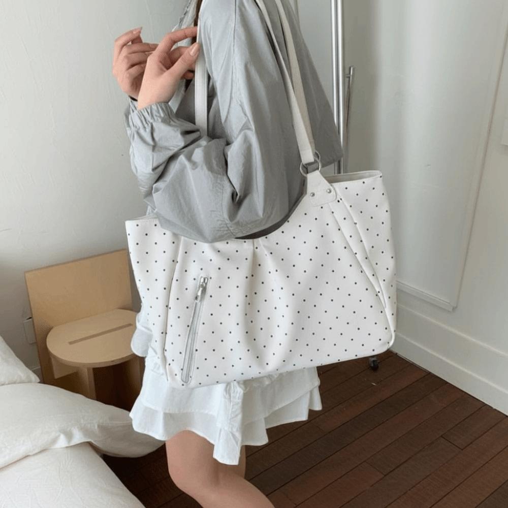 High Quality Casual Shoulder Bag PU Leather Khaki Color Handbag Polka Dot Lightweight Tote Bag