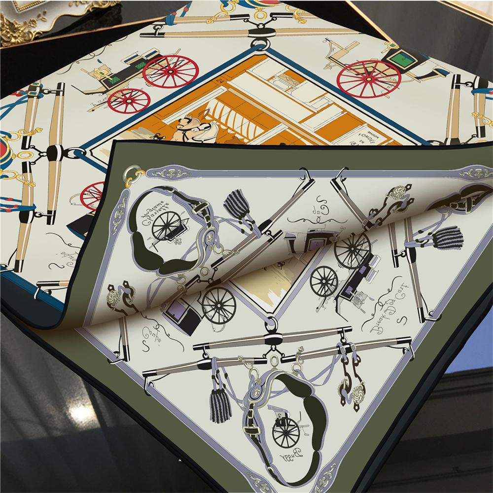 POBING Hand Rolled Twill Silk Scarf Women Horse Carriage Double Print Square Scarves Wraps Echarpes Foulards Femme Hijab 90CM