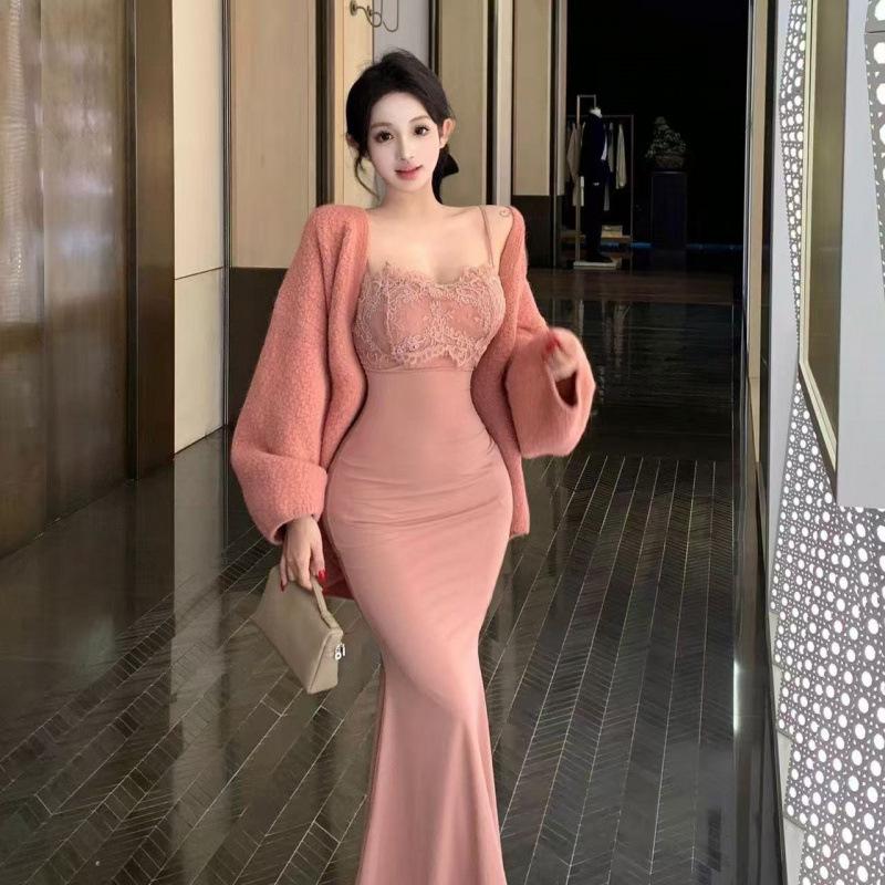

Платье в стиле Spice Girl Slim Skinny Niche Design Sense Hip Wrap Skirt Pure Desire Sexy Lace Splicing Suspender Dress Women S