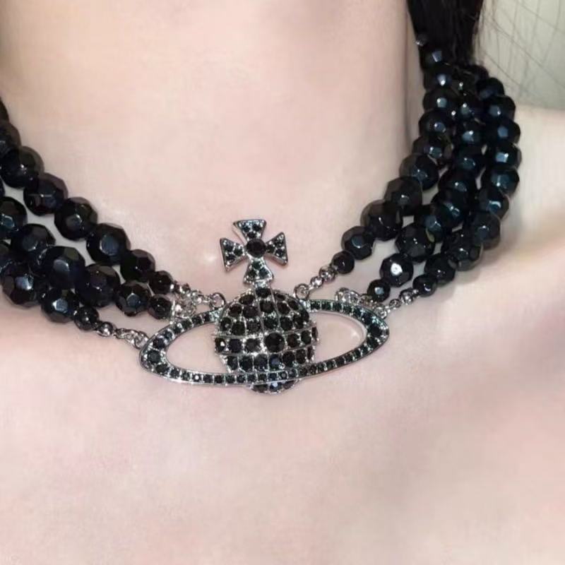 2025 Fashion Charm Saturn Black Beads Queen Dowager Necklace Three Layer Heavy Industry Choker Clavicle Chain Trendy Female