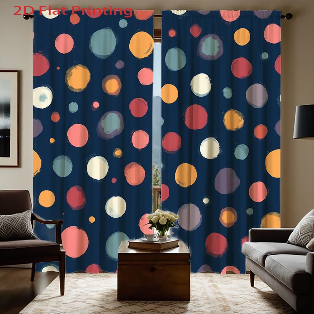 2pcs Modern Window Curtains - Semi-Sheer Light Filtering Privacy Drapes with Dark Blue Background & Multicolor Dot Pattern