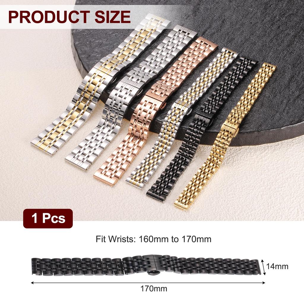 [uxcell] Stainless Steel Watch Band 14mm Quick Release Metal Polished Finish Replacement Butterfly Buckle Watch Strap with Removal Tool Men's Women's