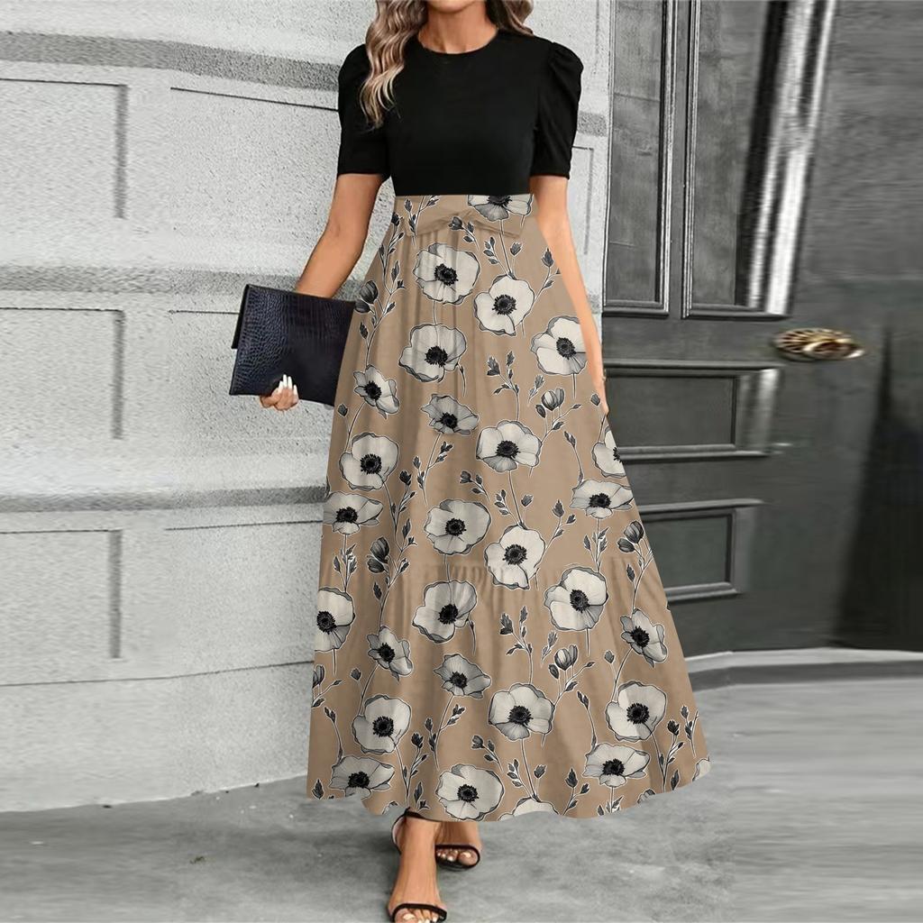 Women's Fashionable Casual Belt Short Sleeved Round Neck Print Elegant Temperament Dress