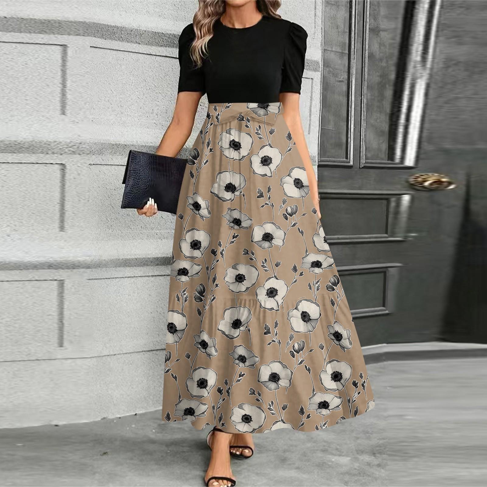 

Женское модное повседневное платье с поясом, коротким рукавом, круглым вырезом и принтом, элегантное и темпераментное XL хаки