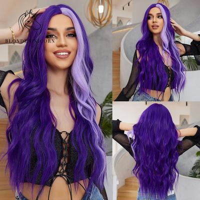 Peruka Purle Highlight Długie falowane peruki syntetyczne bez grzywki Cosplay Party Lolita Użyj włókna odpornego na ciepło dla kobiet