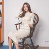 Otoño elegante de un solo pecho de mujer vestido suéter cuello redondo fajas de manga larga Vestidos elásticos vestido de punto hasta la rodilla para mujer