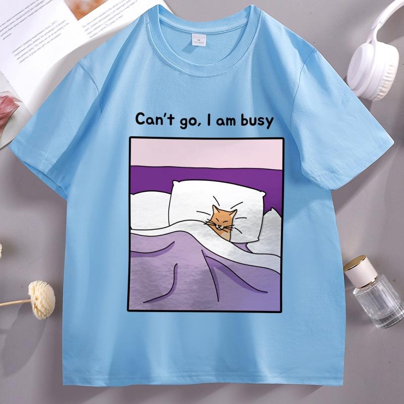 Sorry Cant I Am Busy T Shirt Soft Sleepy Funny Cat Cotton Tshirt Unisex Women Loose Japanese Aesthetic Tshirt Male Clothes