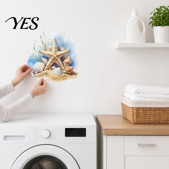 Removable Bathroom Stickers Watercolor Starfish Toilet Seat Sticker, Beach Seashell And Conch Water Tank Waterproof Non-Fading Decals PVC Cover Decal,