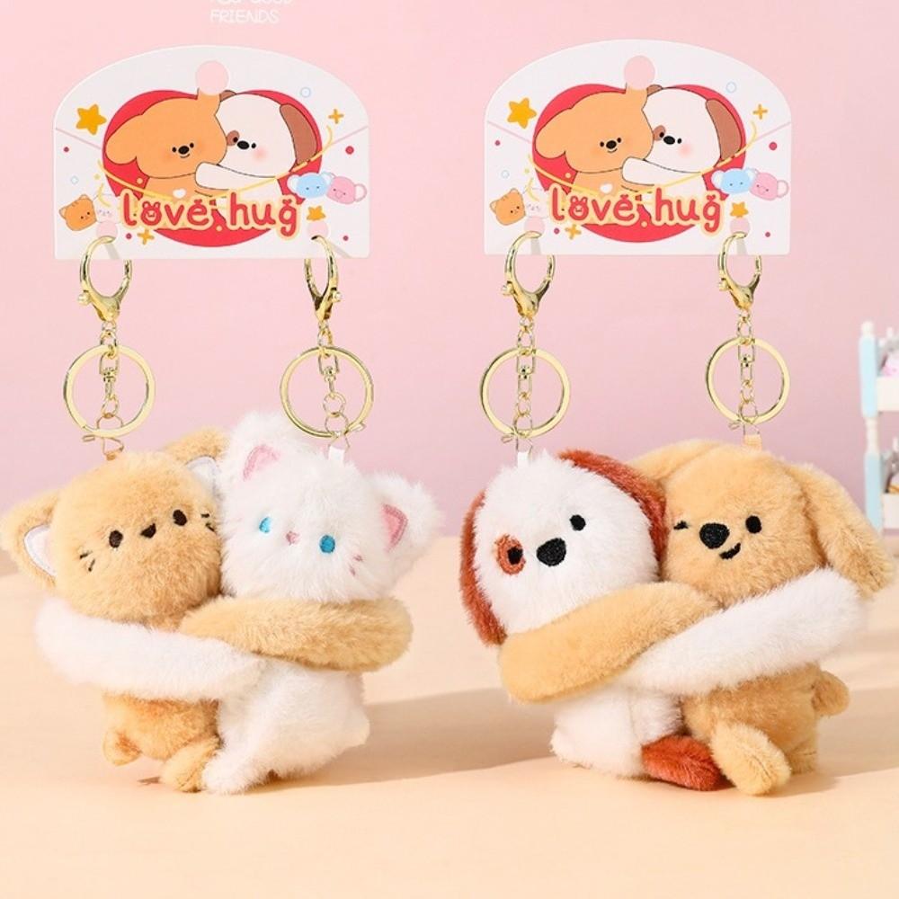 Stickable Couple Cartoon Keychains Stuffed Animal Plush Key Rings Cat Dog Plush Dolls  Men Women