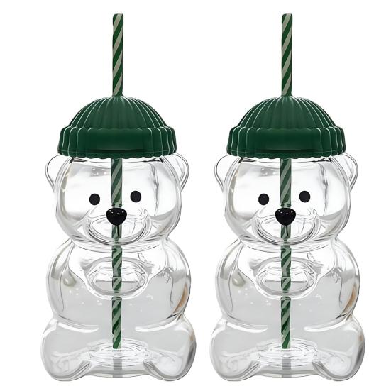 2 ks Kelímek ve tvaru medvídka s víčkem a brčkem Roztomilý nepropustný hrnek pro děti dospělé Plastový kelímek na studené nápoje na smoothie a ledovou kávu