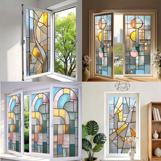 Geometric Window Privacy Film Stained Glass Style Privacy Protection Film Frosted Static Cling Waterproof Privacy Film for Bathroom Bedroom Kitchen