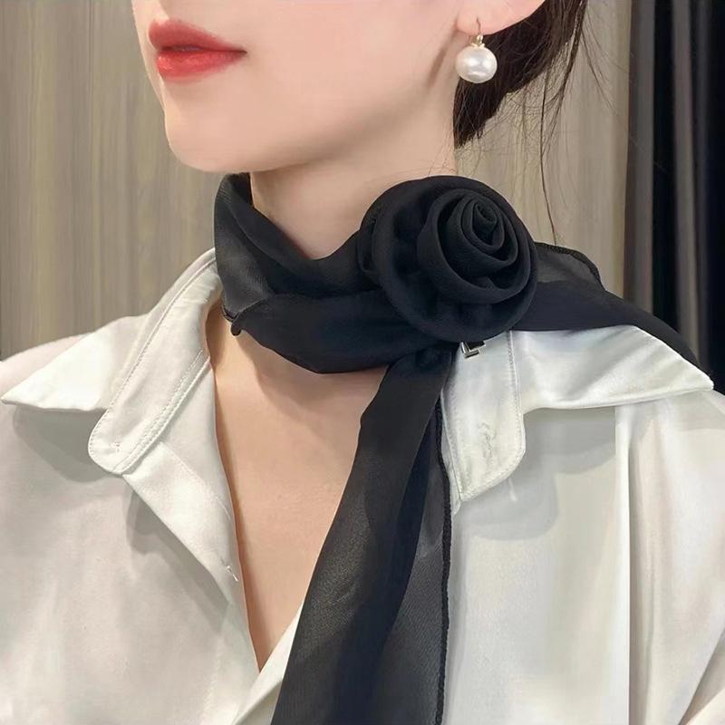 Rose Flower Silk Scarf Versatile Soft Neckerchief For Women Girls Temperament Long Ribbon Tie Scarf Office Clothes Gifts