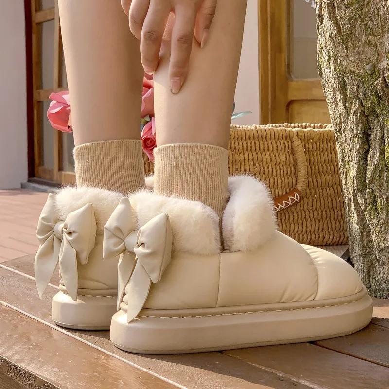 Cute Warm Fluffy Slippers Winter Women's Indoor Soft Plush Bow Cotton Shoes 2024 New  Down Cloth Short Barrel Girls Snow Boots