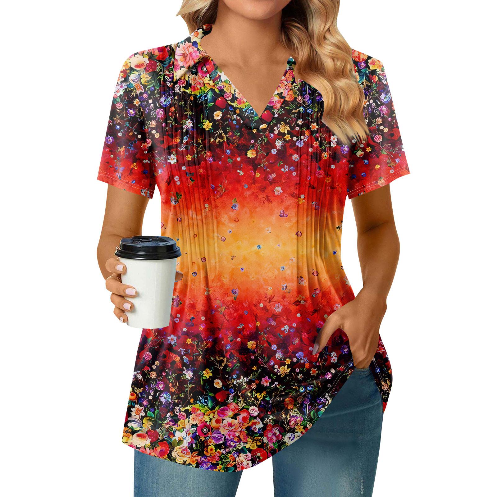 

Женские футболки с коротким рукавом, плиссированные, с V-образным вырезом, с принтом, с воротником, летние топы, модные, деловые, повседневные, рабочие XL киноварь