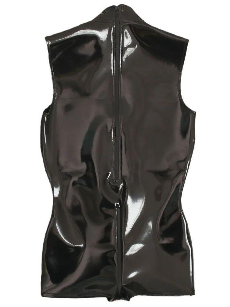 Xs-3Xl Double Sided Pu Leather Vest Leotard Sleeveless Faux Latex Catsuit Wet Look Pvc Zipper Open Crotch Bodysuit Tights Tank