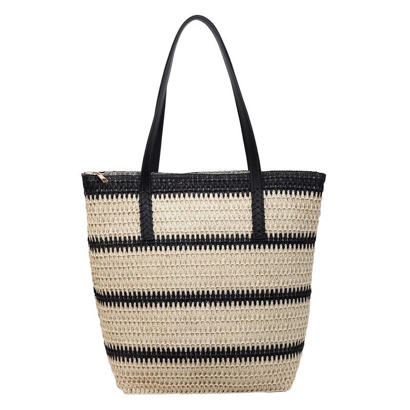 Плетеная сумка из травы контрастных цветов - Повседневная и универсальная сумка-тоут для пляжного отдыха чёрный