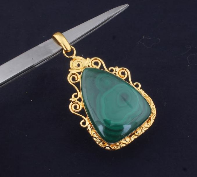 Malachite Gemstone Pendant, Malachite Dagger Shape Stone Pendant, 22K Gold Plated Pendant, Birthstone Pendant, Statement Pendant, Best Gift