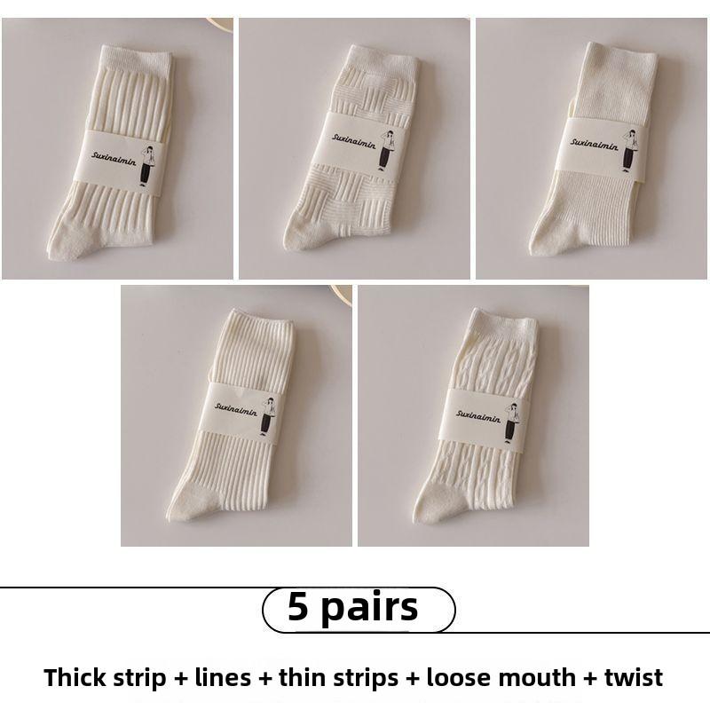 5 Pairs of Female Autumn and Winter Sweat Absorbent Vertical Stripes In The Tube Stack Socks