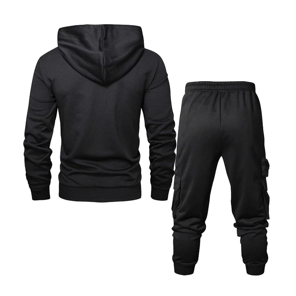Men's Solid Color Hooded Sweatshirt And Sweatpants Suit Men's Casual Sports Multi Pocket Sweatshirt And Sweatpants Suit
