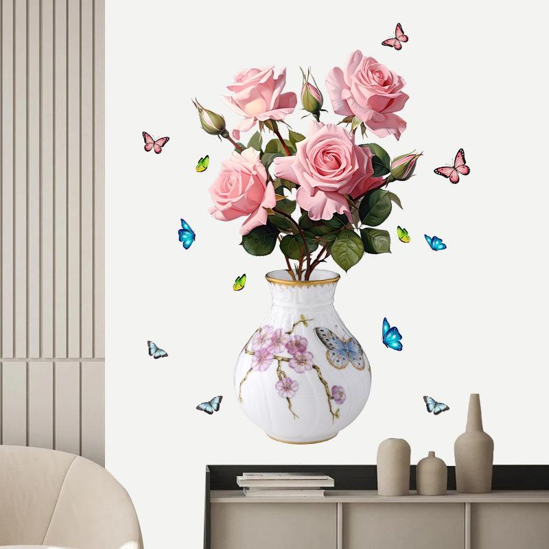 Chinese Style Peony Flower Vase Wall Sticker for Bedroom Living Room Self Adhesive Vinyl Wall Art Removable TV Background Decoration Home Decor