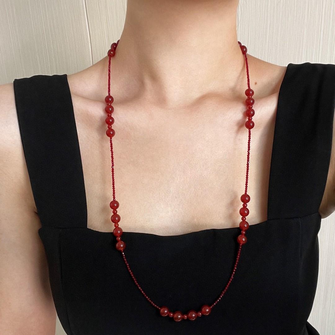 GEMCHIC Women s Ethnic Style Red Carnelian Agate Long Necklace Chinese New Year Lucky Beaded Sweater Chain