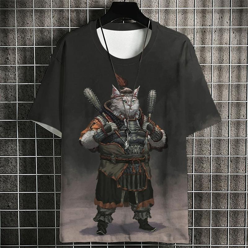 Samurai Pattern T Shirt For Men Cute Cat Animal 3D Printed T-Shirts Summer Short Sleeve Tees Oversized Street Casual Tops