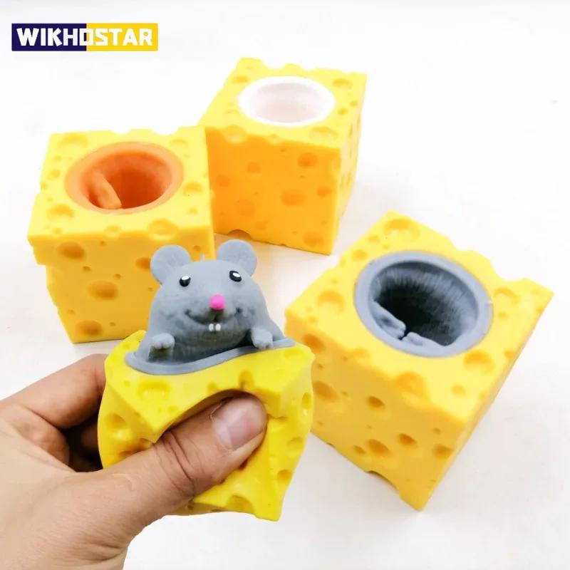 1 Stück Pop-Up Lustige Maus und Käseblock Quetsch Anti-Stress-Spielzeug Verstecken Figuren Stressabbau Fidget Spielzeug für Kinder Erwachsene