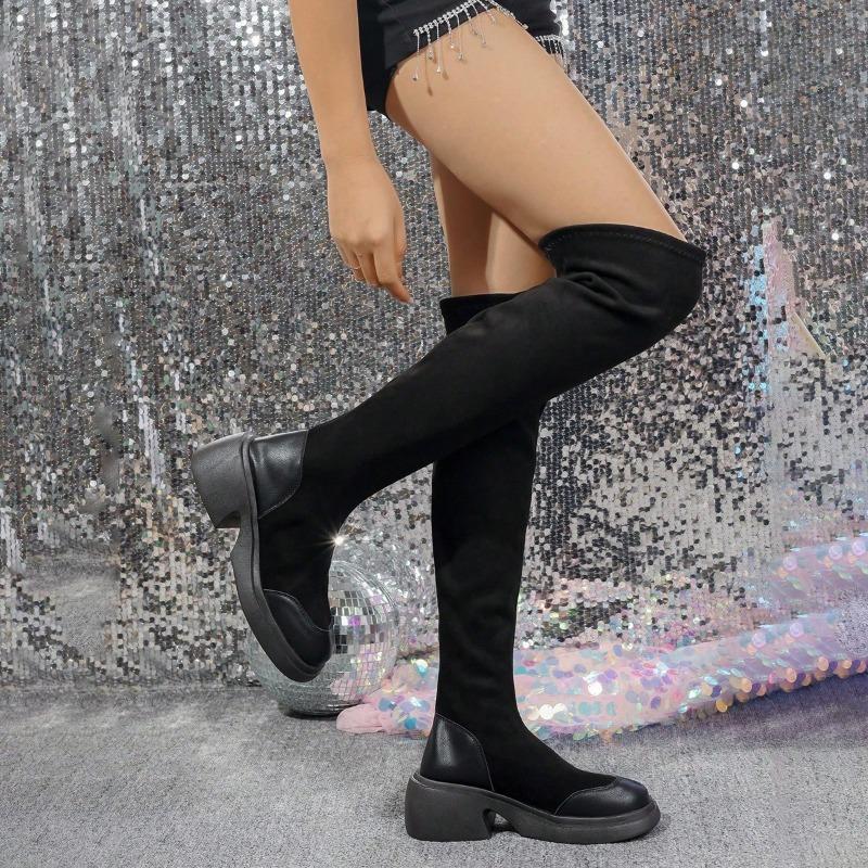 Women's Skinny Stretch Boots Fashion Round Toe Spliced Platform Non-Slip Wear-Resistant Block Heel Mid-Tube Boots