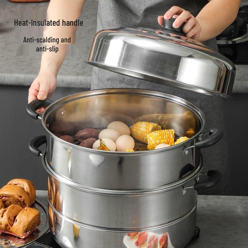 Extra Thick Stainless Steel Multi-layer Steamer Pot for Buns & Fish, Compatible with Induction & Gas Stoves