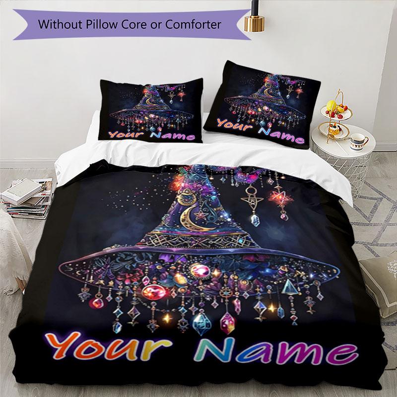 3pcs Custom Name Magical Hat Bedding Set Printed Bedding Set Duvet Cover Closure Includes 1 Duvet Cover & 2 Pillowcases Bedroom Decor