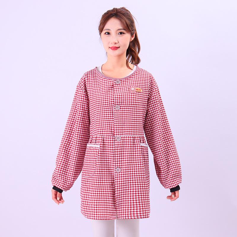 Plaid Long-Sleeve Apron Smock for Adults - Korean Style