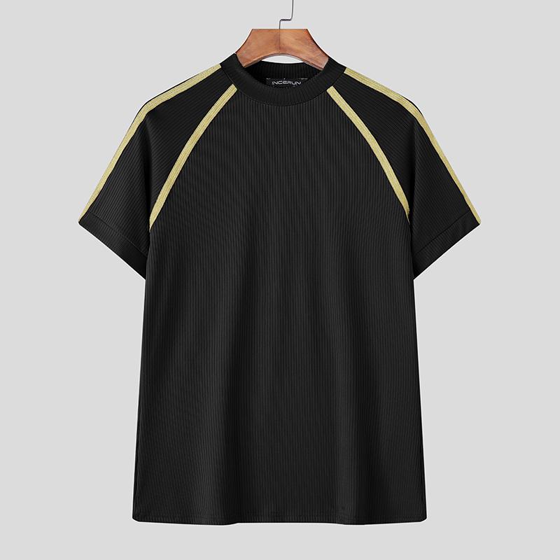 

INCERUN Мужские футболки с коротким рукавом, повседневные, в рубчик, с отделкой S чёрный