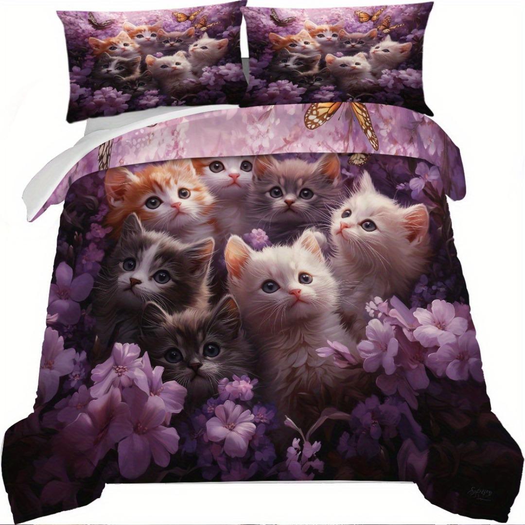 

3pcs Lovely Purple Cat Flower 3D Print Bedding Set Soft Duvet Cover King Queen Twin Single Size Birthday Gift Bedroom Decoration EU Single 135x200cm
