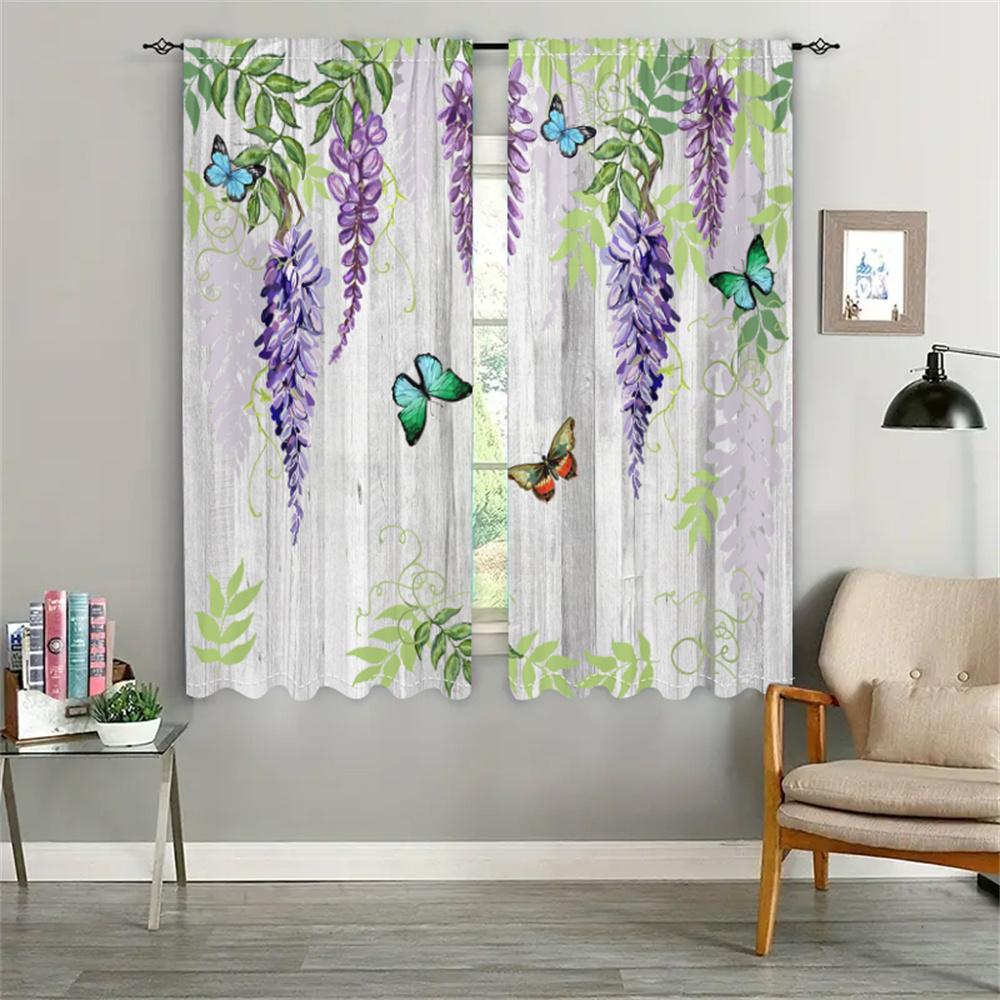 2Pcs Spring Garden Curtains Wisteria Butterfly Pattern Living Room Bedroom Balcony Sunshade Country Style Decor Curtains
