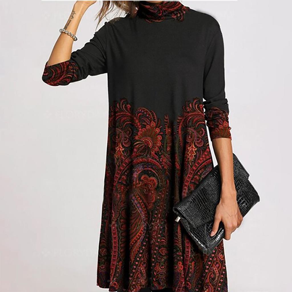 Ladies Fashion Print Half High Neck Long  Sleeve  Loose Straight  Dress