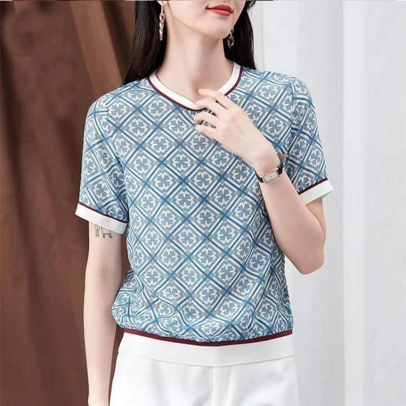 Korean Fashion Women Basic Round Neck Plaid T-shirt Summer Tees Female Clothing Loose Short Sleeved Casual Vintage Tops