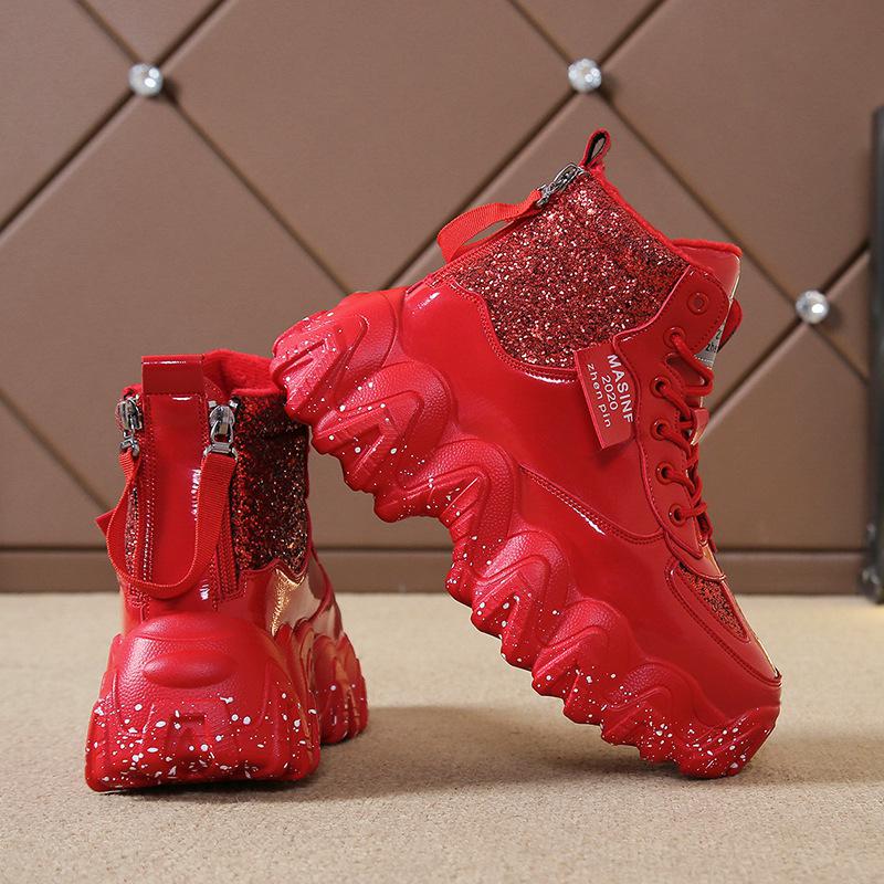 

Winter Red Women Ankle Boots With Fur Platform High Top Women Shoes Thick Sole Leather Women Snow Boots Bling Ladies Casual Shoe 40