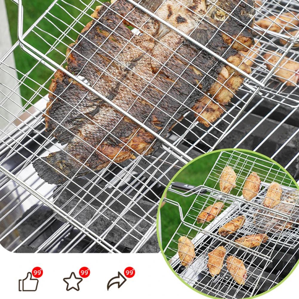 Rejilla Portátil de Acero Inoxidable para Parrilla Barbacoa al Aire Libre Cesta para Asar Pescado Mango de Madera Herramienta para Barbacoa Camping Picnic Cocina