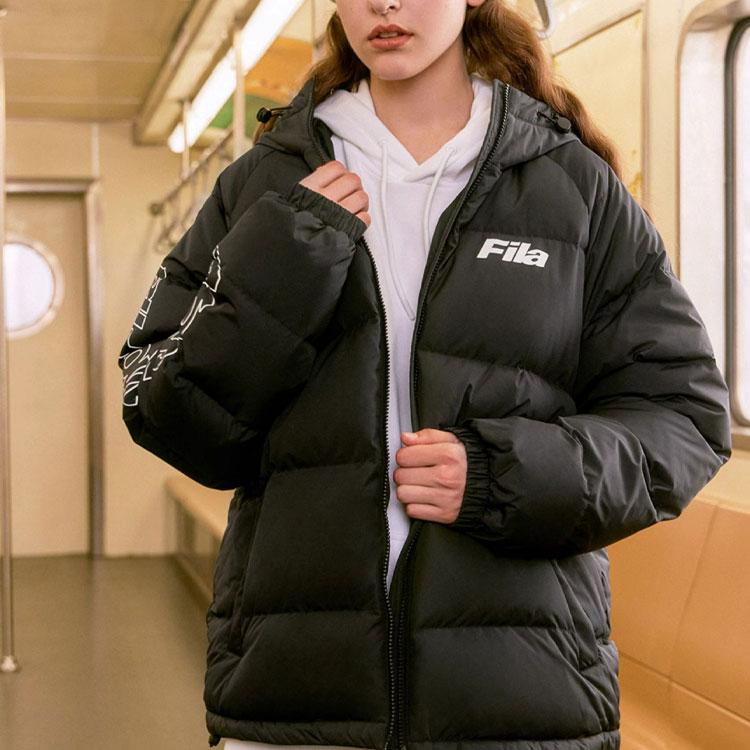 Fila Fusion QR Letter Zipper Hooded Short Warm Windproof Puffer Jacket Unisex Outerwear Black T11U346901F-BK