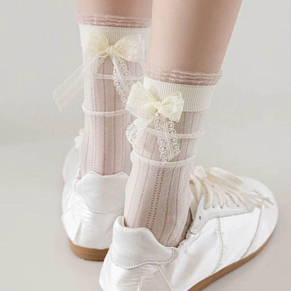 3Pairs Ballet Style Mid Tube Socks Ruffle Sweet Socks Women Fashion Mesh Bowknot Socks  Girl