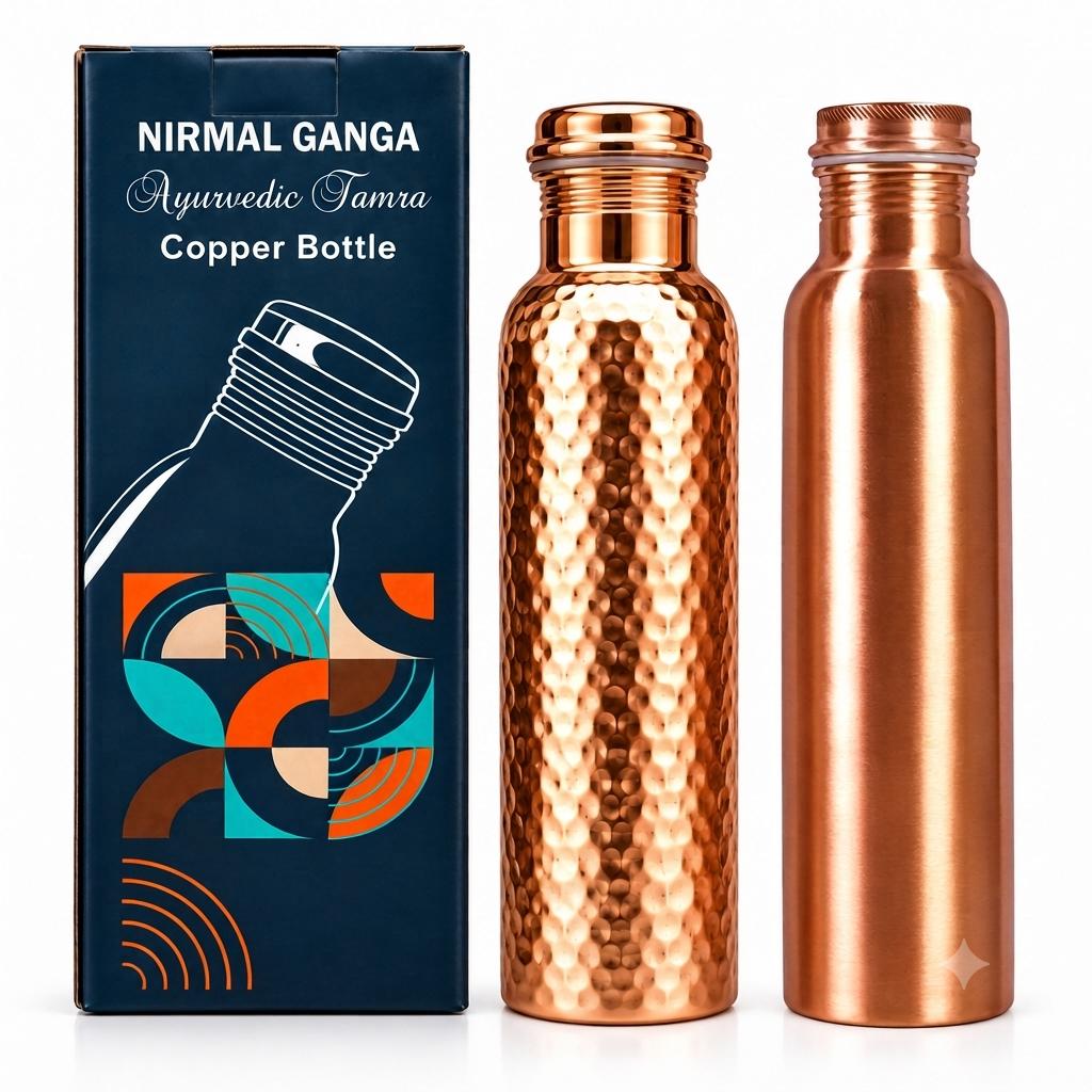 Nirmal Ganga Reines Kupferflaschen-Kombiset - Gehämmert & Glatt - 1+1 Kombi - Jeweils 1 Liter, Reines Kupfer, Ausgezeichnete Exportqualität