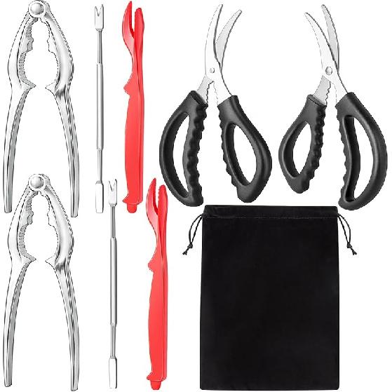 Seafood Cracker Tool Set With Lobster Sheller Stainless Steel Crab Crackers Crab Leg Fork Seafood Scissors And Storage Bag, Crab Leg Pick Utensils 9