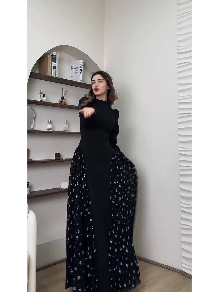 2025 Spring Long-Sleeved Floral Print Dress - European and American Style, Round Neck, Long Skirt