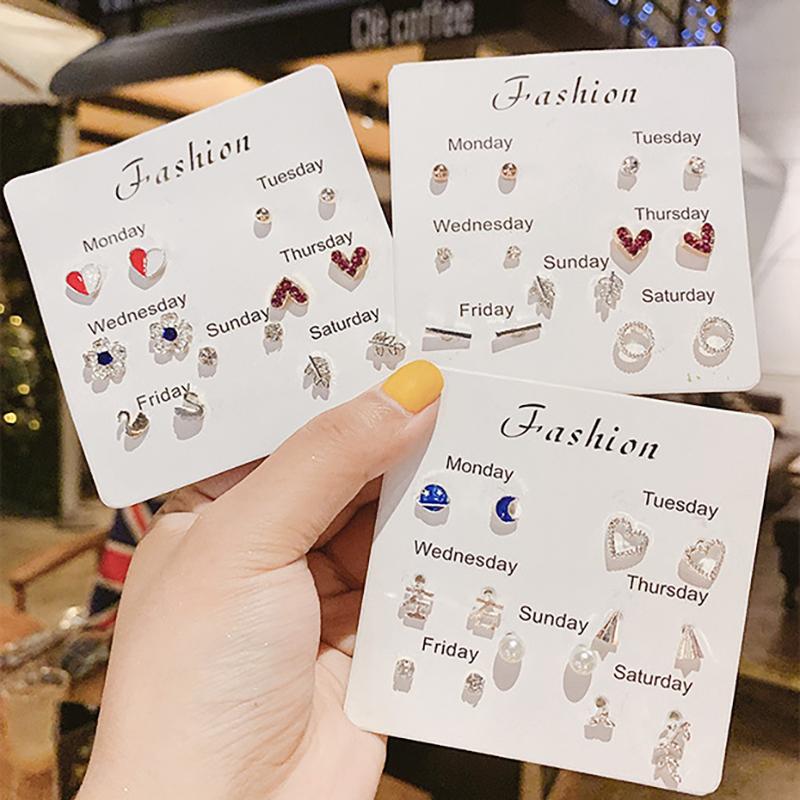 Stud Earrings Set For Women Statement Heart Star Snowflake Flower  Pearl One Week Minimalist Set Of Earrings Gift
