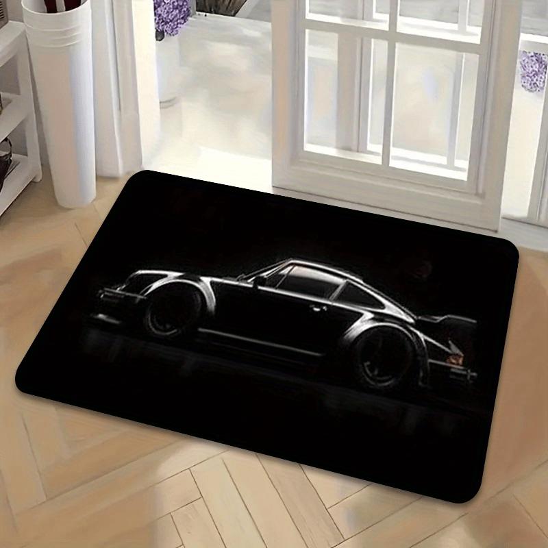 Sports Car Silhouette  Doormat – Black & White Racing Design, Non-Slip & Machine Washable for Entryway or Home Decor 80x120cm