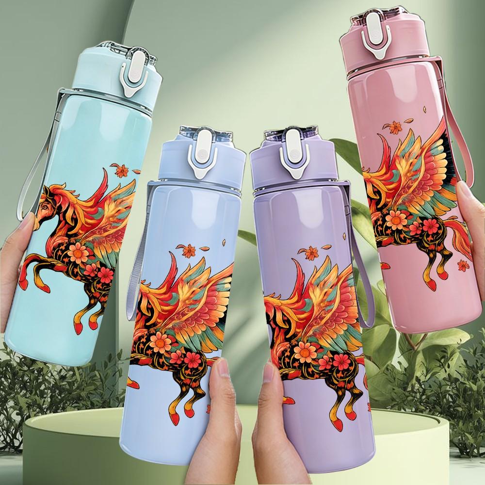 1PC Colorful Phoenix Bird Print 750ml Color Plastic Sports Water Bottle Leakproof Flip Straw Lid Suitable for Sports Office Home Use