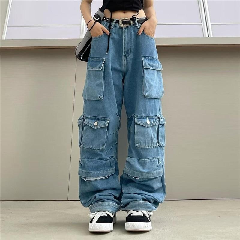 

Женские брюки, джинсы свободного кроя с множеством карманов, эластичные джинсовые брюки с карманами, брюки L синий