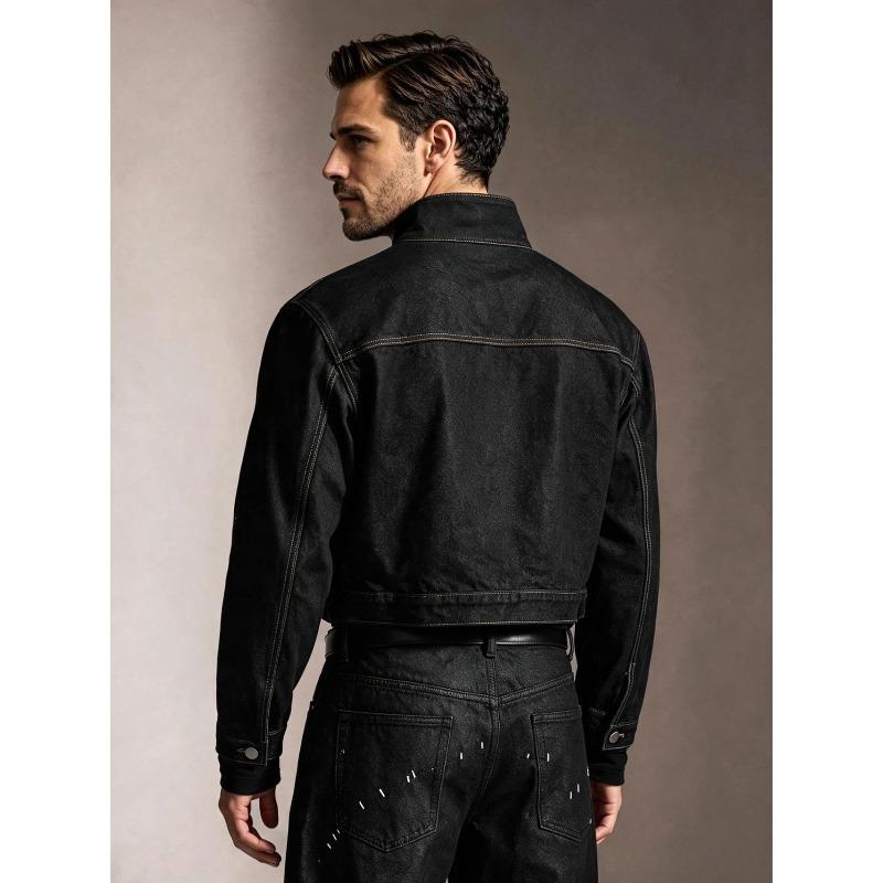 American retro black stand-up collar slanted denim jacket men's ruffian handsome locomotive short jacket