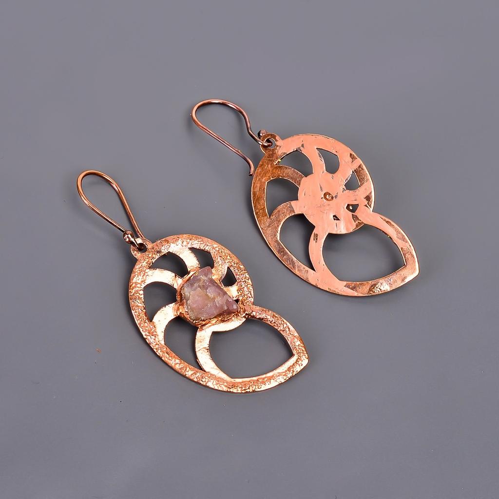 Natural Pink Sapphire Copper Dangle Daughter Gift Electroformed Earrings Jewelry V-103